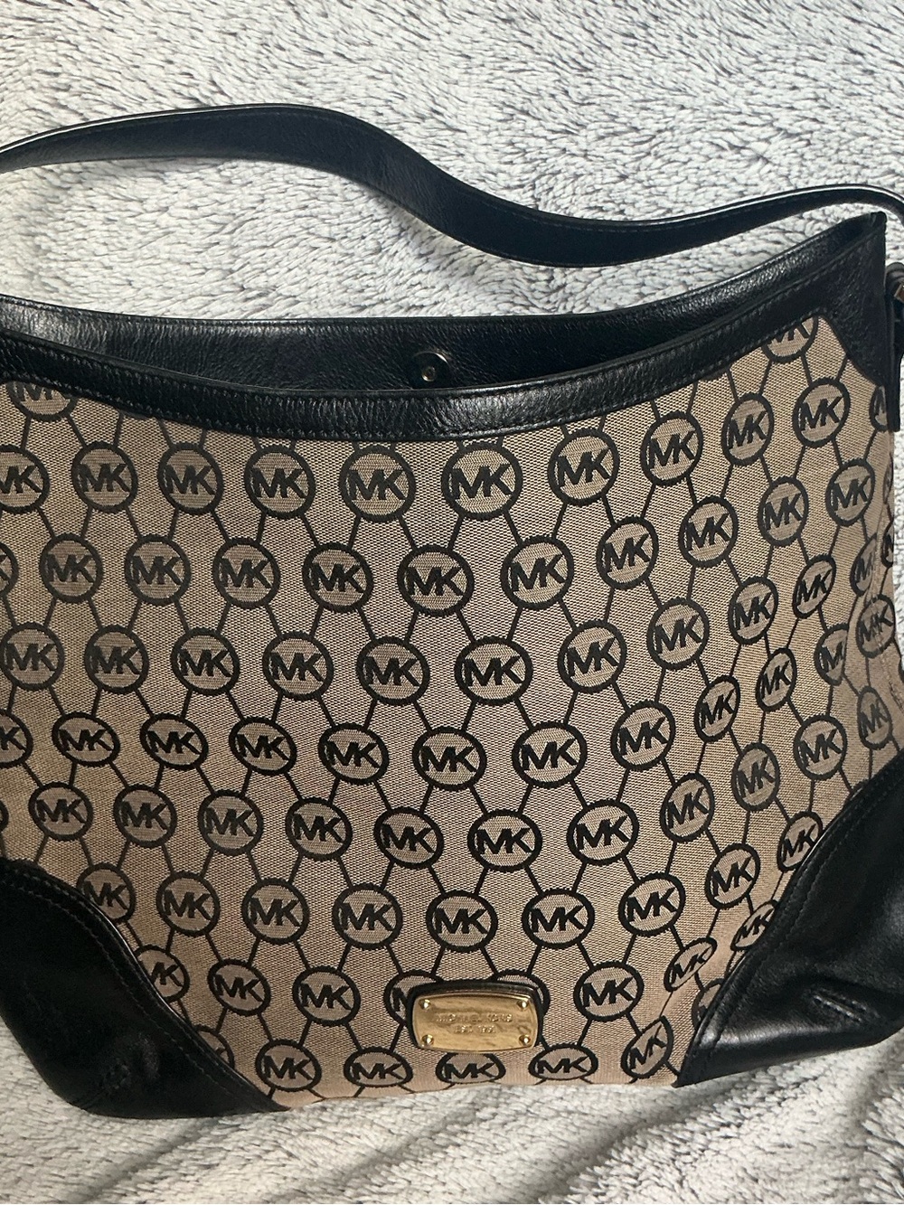 Michael Kors Brown Logo Canvas Shoulder Bag with Black Leather Trim~